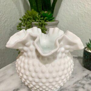 Fenton Milk Glass Hobnail 4 1/2" Miniature Double Crimp Vase